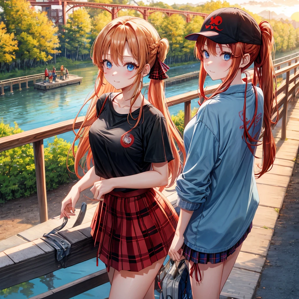 Red-blonde、blue hair、blue eyes、Braid、ponytail、one good looking girl、solo、anime、Plaid miniskirt、black t-shirt、camisole、forest、walking、Wearing a plaid baseball cap、Tilting your face、log bridge、Doing the ribbon、sunset sky、Wearing headphones、Stone bridge、train track