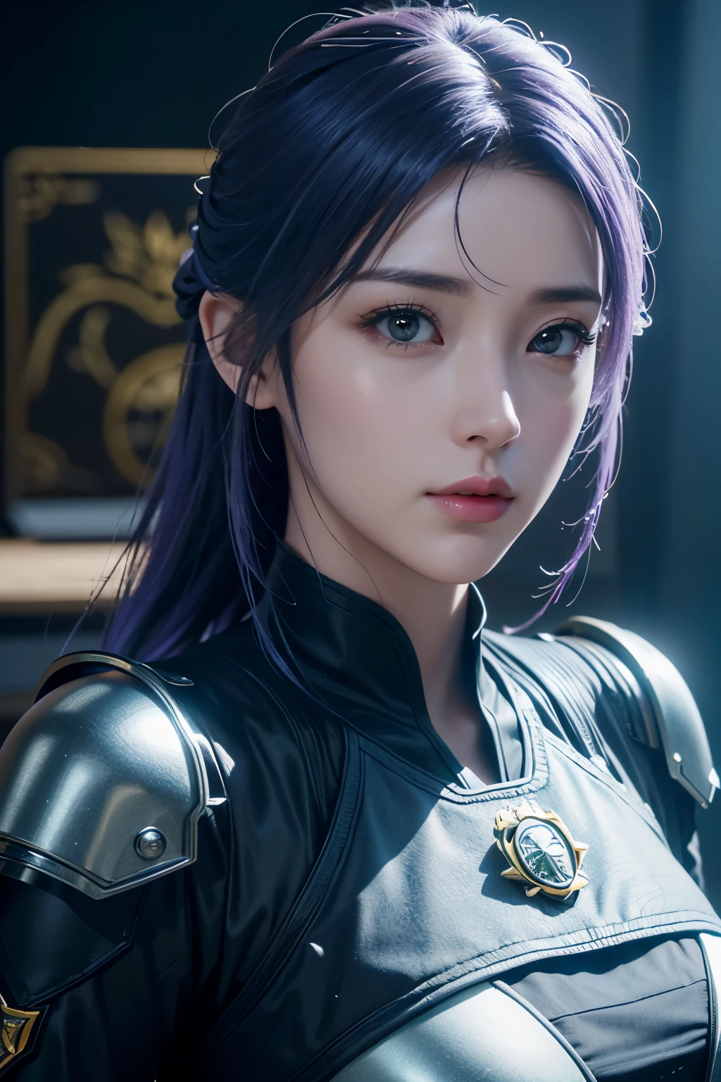 Masterpiece，The best qualities，Very high resolution，8K，((Portrait))，((Head close-up))，Original photo，real photo，数码摄影， (A girl dressed in a combination of modern and technological style)，(Police officer)，22岁女孩，(Random hairstyles，Purple hair)，(The pupils of the eyes are purple)，(Lachrymal mole in the corner of the eye)，迷人的，优雅高贵，冷静，严肃的，(Big breasts)，(Modern combat clothing，Joint Armor，Police uniform，Badge，White dress，Armor，Metallic luster)，Pattern detail，( Special Forceemale soldier 拍照姿势，街道背景，Movie lights，Ray tracing，Game CG，((3D Unreal Engine))，oc渲染反射纹理