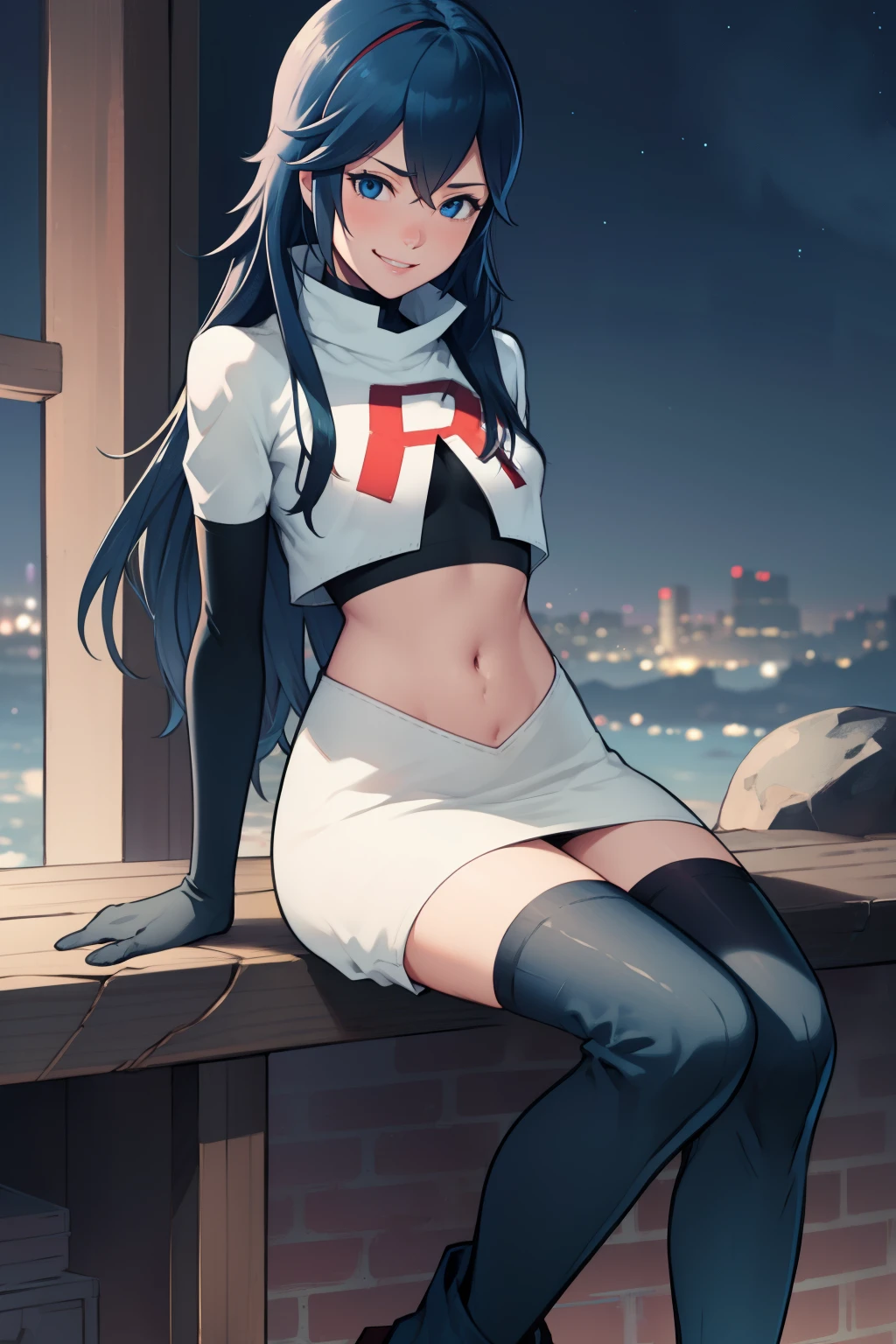 lucina fe ,rocket,team rocket uniform, red letter R, white skirt,white crop top,black thigh-high boots ,black elbow gloves, blue hair, evil smile, sitting down legs crossed, night sky background