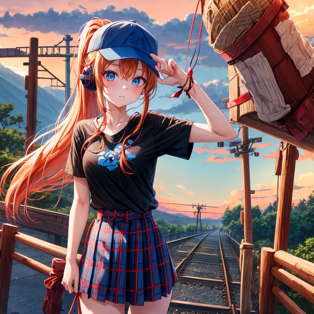 Red-blonde、blue hair、blue eyes、Braid、ponytail、one good looking girl、solo、anime、Plaid miniskirt、black t-shirt、camisole、forest、walking、Wearing a plaid baseball cap、Tilting your face、log bridge、Doing the ribbon、sunset sky、Wearing headphones、Stone bridge、train track