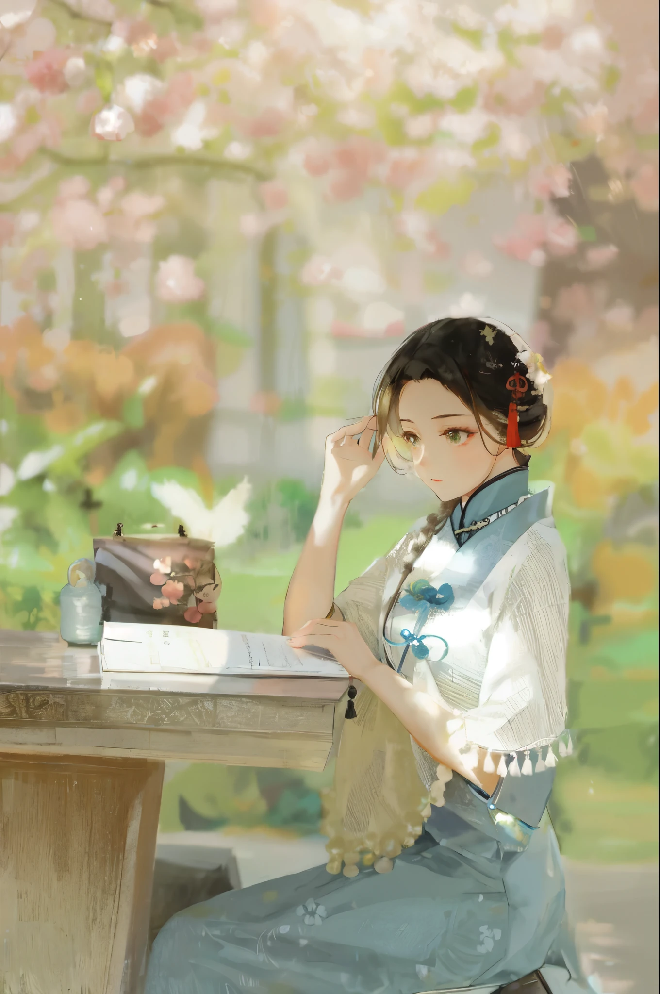 araffe woman sitting at a table with a book and a purse, white hanfu, traditional chinese clothing, with acient chinese clothes, chinese style, traditional chinese, hanfu, elegant japanese woman, palace ， a girl in hanfu, chinese girl, by Leng Mei, chinese woman, cheongsam, wearing ancient chinese clothes, by Qian Gu