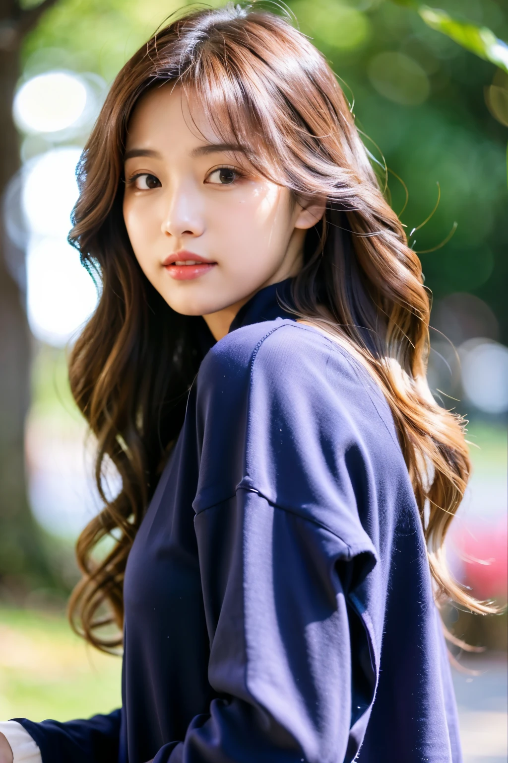 Loose wavy hairstyle like Korean idols、long hair、simple background、casual long sleeve clothes、Highest image quality