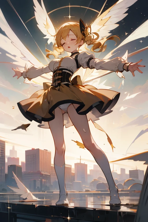 1 girl, scenery, solo, perfect anatomy, standing, spread arms, mami tomoe, masterpiece, best quality, highres, big breast, closed eyes, :o, (fluttering skirt, white panties:1.2), double exposure, sacred, glitter, torn clothes