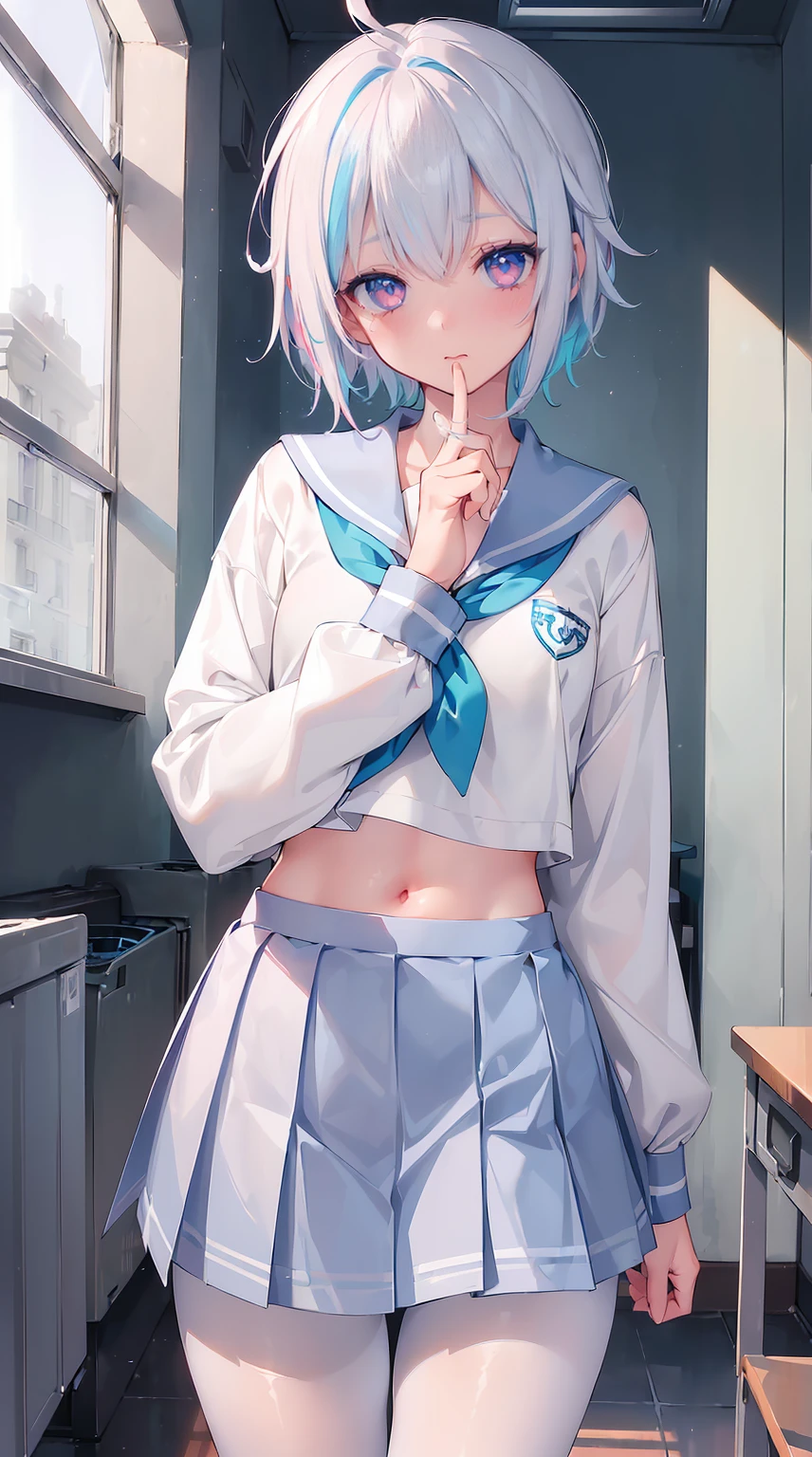 , (Masterpiece, Slim Body, Delicate Fingers: 1.2), Best Quality, (Illustration: 1.2), (Hyper Detail), Eye Focus, Ultra Detail, (Fine Detail), (Intricate Detail), HDR, (Ultra Detail: 1.15), (Soft Light: 1.2), (1 girls), Inside the classroom, Wear, ((School_uniform), (sailor_suit), (short_blue_pleated_skirt), (white_pantyhose:1.2) long sleeve shirt, (blushing:1.3) (White_hair with blue highlights),cyan eyes, ager, embarrassed facemedium, short hair, solo, multicolored hair, ahoge, flat chest, mismatched pupils, multicolored eyes, high quality, best quality, full body image, (Navel Ejection:0.8)