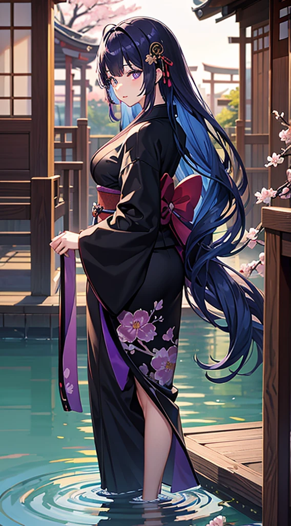 beautiful beauty、black kimono(plum blossom pattern)、wet appearance、(evening)Japanese garden、blue hair(long hair down to the waist)、purple eyes、Standing shy face