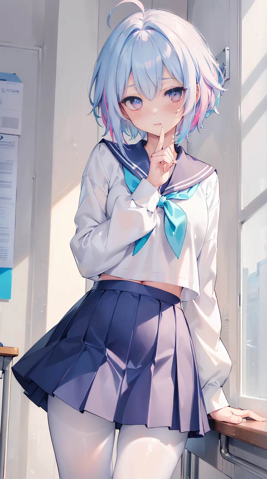 , (Masterpiece, Slim Body, Delicate Fingers: 1.2), Best Quality, (Illustration: 1.2), (Hyper Detail), Eye Focus, Ultra Detail, (Fine Detail), (Intricate Detail), HDR, (Ultra Detail: 1.15), (Soft Light: 1.2), (1 girls), Inside the classroom, Wear, ((School_uniform), (sailor_suit), (mini_skirt)(short_blue_pleated_skirt), (white_pantyhose:1.2) long sleeve shirt, (blushing:1.3), (White_hair with blue highlights),cyan eyes, ager, embarrassed face, medium, short hair, solo, multicolored hair, ahoge, large breasts, mismatched pupils, multicolored eyes, high quality, best quality, full body image, (Navel Ejection:0.8)
