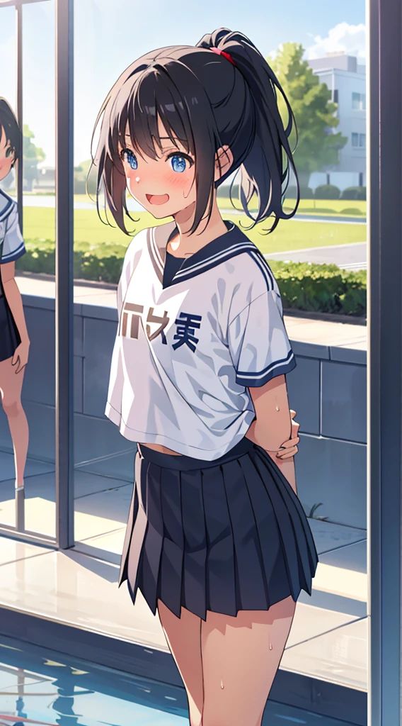 photo-realistic,Middle school students,beautiful girl,Ministry alive,Sports Department,reflection,Fine skin,Sex,I'm a little shy,small breasts,black hair,ponytail,laughing,wipe sweat with clothes