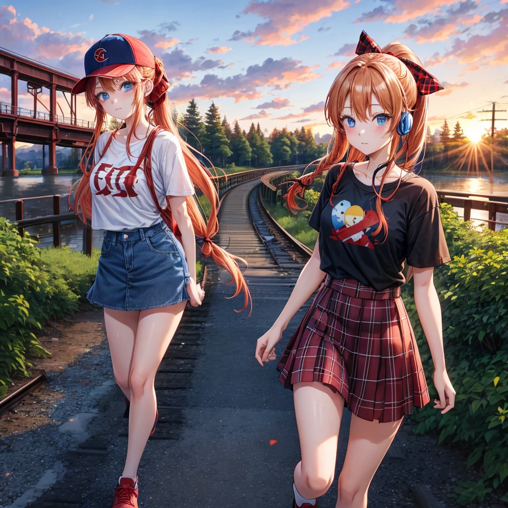 Red-blonde、blue hair、blue eyes、Braid、ponytail、one good looking girl、solo、anime、Plaid miniskirt、black t-shirt、camisole、forest、walking、Wearing a plaid baseball cap、Tilting your face、log bridge、Doing the ribbon、sunset sky、Wearing headphones、Stone bridge、train track