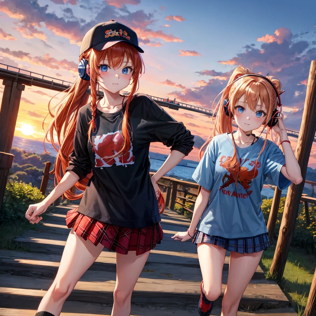 Red-blonde、blue hair、blue eyes、Braid、ponytail、one good looking girl、solo、anime、Plaid miniskirt、black t-shirt、camisole、forest、walking、Wearing a plaid baseball cap、Tilting your face、log bridge、Doing the ribbon、sunset sky、Wearing headphones、Stone bridge、train track