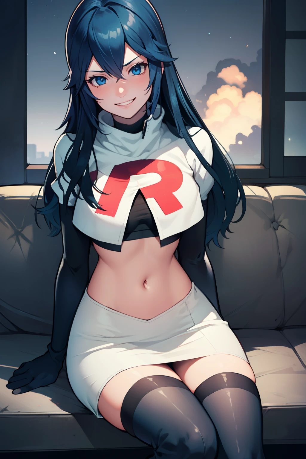 lucina fe, long hair, blue hair ,rocket,team rocket uniform, red letter R, white skirt,white crop top,black thigh-high boots ,black elbow gloves, blue hair, evil smile, sitting down legs crossed, night sky background