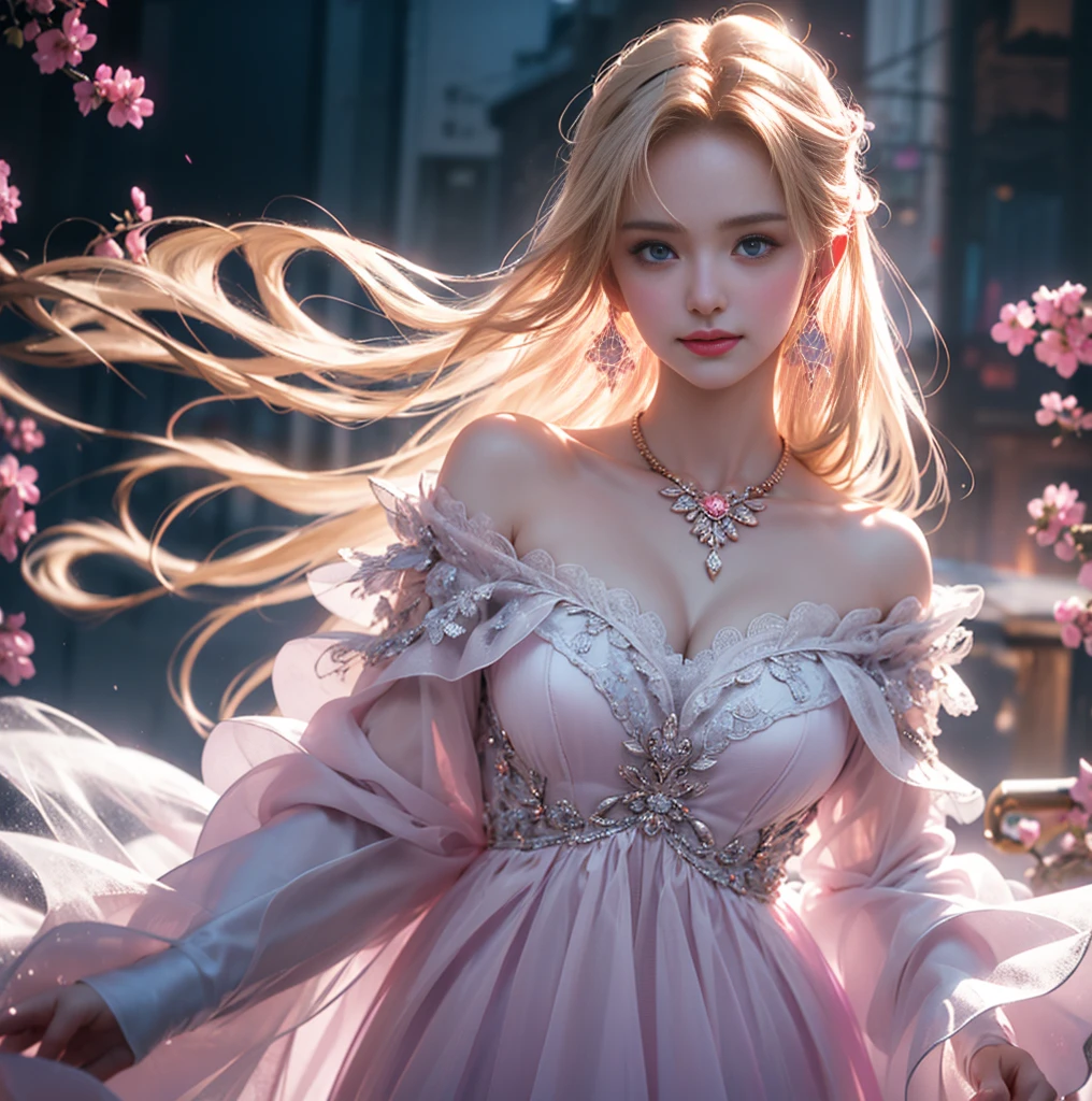 masterpiece，Highest image quality，Super detailest quality ,extremely delicate and beautiful, Very detailed,best quality, official art, Extremely detailed CG unified 8k wallpaper, portrait photo, The most beautiful look，Blonde hair, blue eyes，Radiant skin and radiant eyes, beautiful skin,(detailed lighting:1.2), (Beautiful and detailed light:1.3), deep understanding, beautiful nude color, complex, digital painting, Smooth, sharp focus, end of the world, epic reality,looking at camera， (high dynamic range:1.4),face camera， (pastel colors:1.4), beautiful big breasts，end of the world的, give up, neutral color, night, screen space refraction, (intricate details, Super detailed:1.3), art station, movie shot, vignette, complex background, buliding，charming smile，Blushed，Shy，detailed background，（Various colors of dream catcher earrings missing color，Color is black，White，pink，Purple，red，blue，orange color，green，blue，，），sexy and sultry，（exposed，camel toe，comb neatly，），The sexiest look，Crystal Pink Diamond Venetian Sunset Rose Transparent Dress，Ultra thin，translucent，lace，hollowed out，（Off-the-shoulder large open-breasted crystal pink diamond transparent hollow open wedding dress:1.6), pink背景，