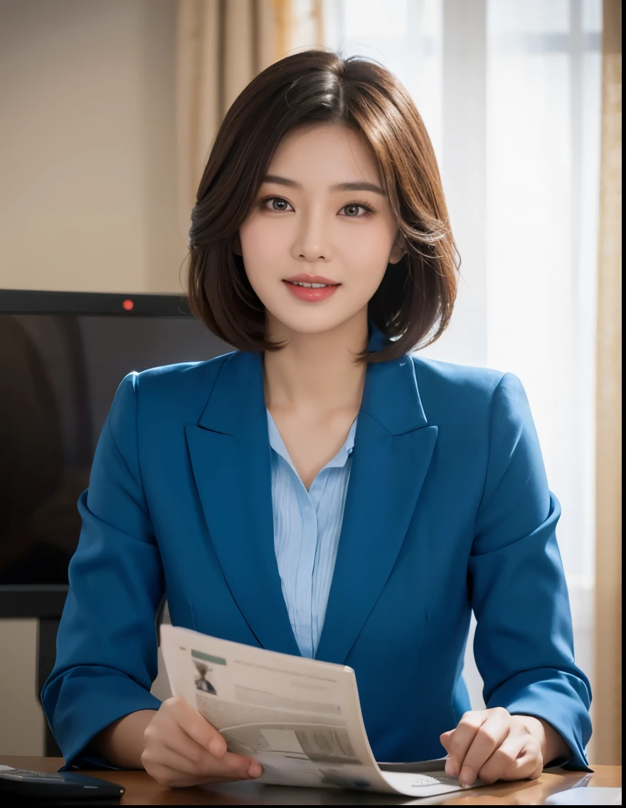 Fed Asian woman in blue suit sitting at desk, Gentle and lovely,news broadcast, news clips, Smile,high quality news clips, News report, evening news program, television news, girl, news clips,