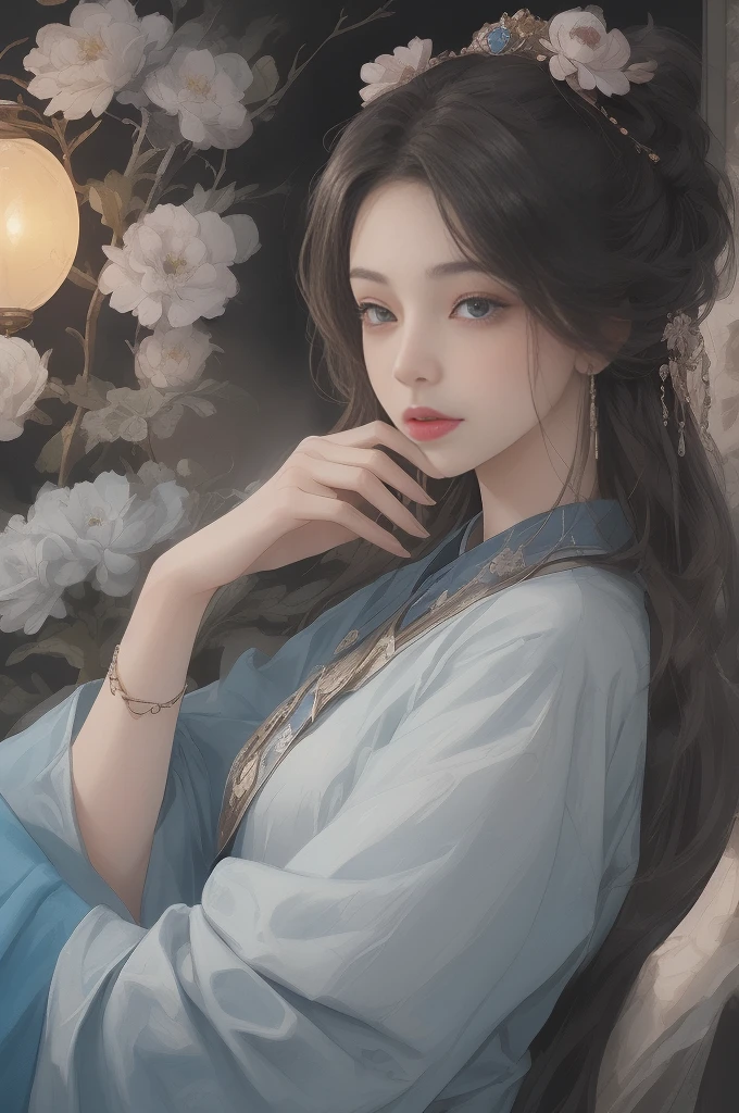 (best quality, masterpiece, high resolution, 1 girl, Hanfu dress, Gorgeous hair accessories, beautiful necklace, exquisite jewelry, pretty face, body details, , Long white hair, blue eyed ancient girl, edge lighting, Two-tone lighting, (highly refined skin:1.2), 8K UHD, SLR camera, soft light, high quality, Volumetric lighting, frank, photo, high resolution, 4K, 8K, Background at night)breeze,