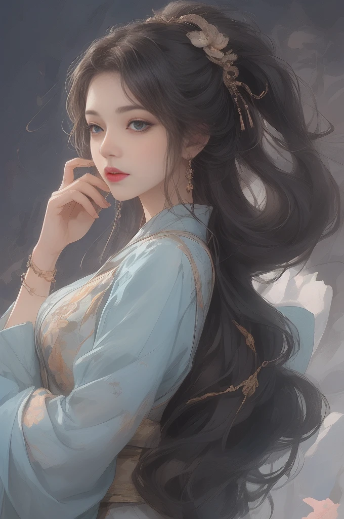 (best quality, masterpiece, high resolution, 1 girl, Hanfu dress, Gorgeous hair accessories, beautiful necklace, exquisite jewelry, pretty face, body details, , Long white hair, blue eyed ancient girl, edge lighting, Two-tone lighting, (highly refined skin:1.2), 8K UHD, SLR camera, soft light, high quality, Volumetric lighting, frank, photo, high resolution, 4K, 8K, Background at night)breeze,