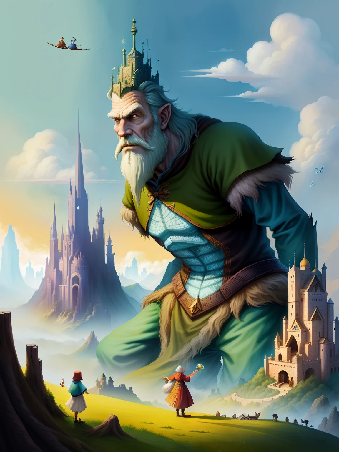 Tall giant,Lovely,whimsical fantasy art。Storybook illustration。art illustration