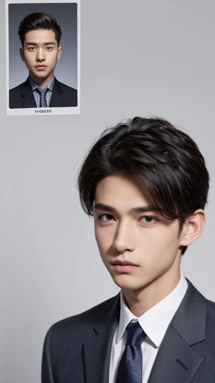 A boy in a suit takes a frontal ID photo