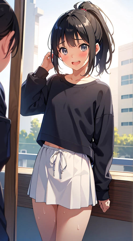 photo-realistic,Middle school students,beautiful girl,Ministry alive,Sports Department,reflection,Fine skin,Sex,I'm a little shy,Small breasts,black hair,ponytail,laughing,wipe sweat with clothes