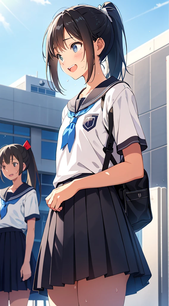 photo-realistic,,beautiful girl,Ministry alive,Sports Department,reflection,Fine skin,Sex,I'm a little shy,Small breasts,black hair,ponytail,laughing,wipe sweat with clothes