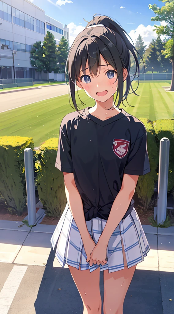 1girl, solo, white polo shirt, white sneakers, tennis wear, white miniskirt, masterpiece, best quality, realistic, hyper-detailed, (shiny skin, sweaty:1.4), absurd, looking at viewer, short black hair, brown eyes, slender, dynamic lighting, high resolution, sharp focus, depth of field, detailed eyes, sharp pupils, realistic pupils, (small breasts:1.6), (thick thighs:1.0), outdoor, sky、Wall Don