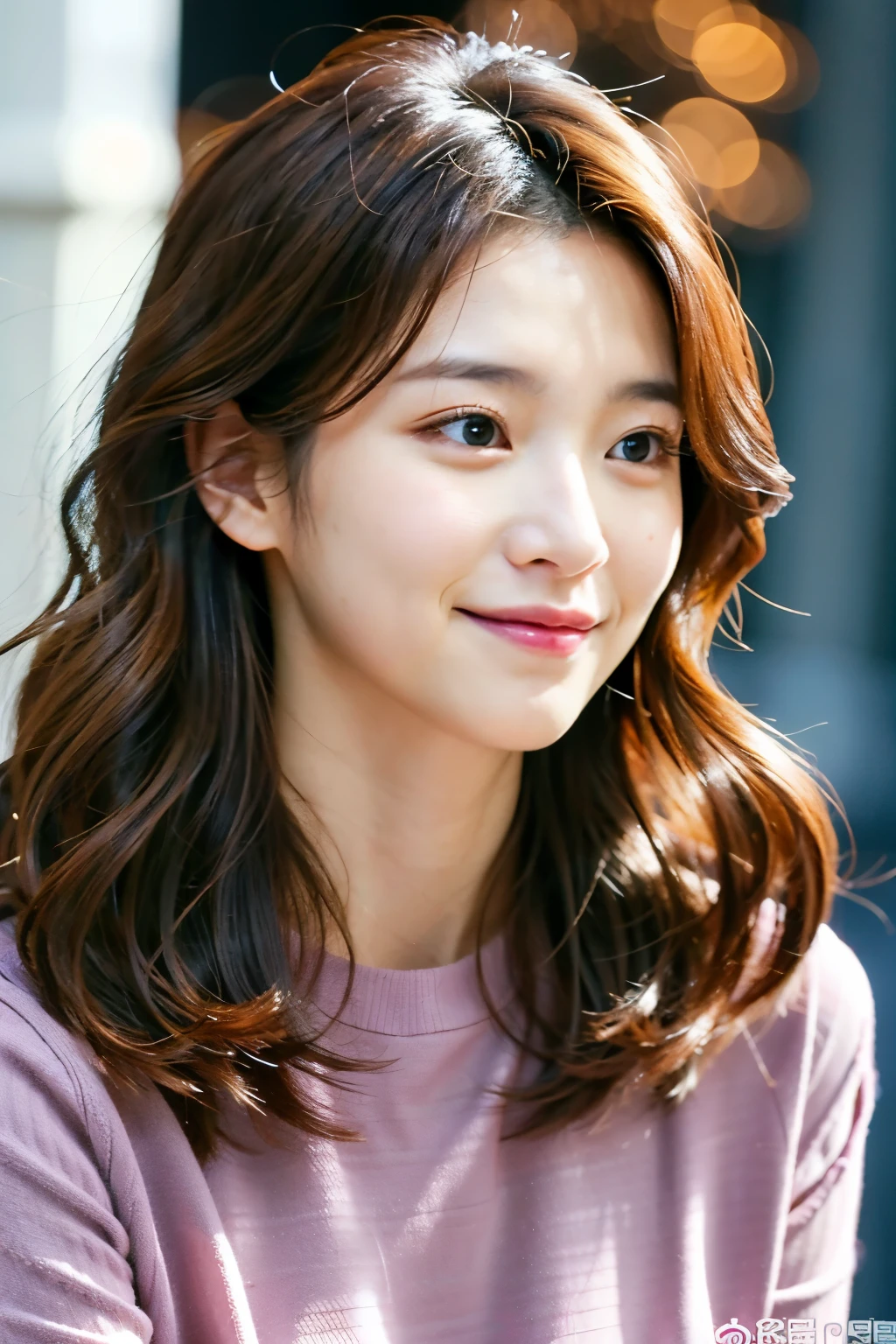 Loose wavy hairstyle like Korean idols、long hair、Woman in her late 30s、simple background、casual long sleeve clothes、Highest image quality