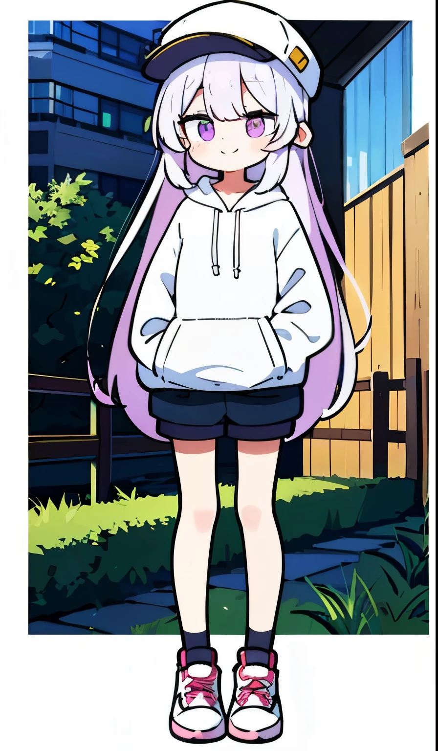 masterpiece:1.3、ultra high resolution:1.3、Beautiful woman、alone、G cup、long hair、two tone hair、beautiful silver hair、blue eyelid body image、real moist skin、cute、smile、Drop-shoulder cropped drawstring hoodie:1.3、hat、sneakers、shorts、outdoors、machine、summer、hand、feet、shoes