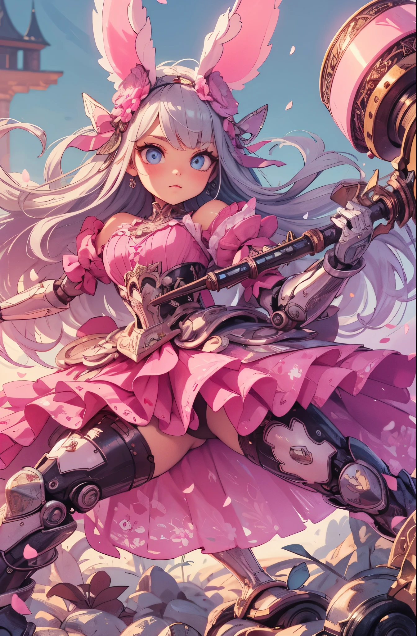 (Detailed illustrations,Very detailed and detailed drawing,Delicate lines with slow and rapid,Realistic texture expression),[Color tressed main line],(Battlefield of Fantasy World [Burning castle]),(GIRL ROBOT  (Pink rabbit [METALFACE])) [WEAPON MACHINE],(([petal] Metal Dress [frills]) [Floral pattern] [Clear pink translucent armor covering the body surface]) [ribbon]) [Energy tube glowing at the joint],[use a sledgehammer as a weapon],[[Mobile Weapon Gigant Size][Science Fiction Mechanical]],(Metallic luster at metal),(Intricate and beautiful decoration [Dense detail]),(Precisely drawn face)[Perfect eye details(Iris beautifully drawn in every detail)[Jewel-like eyes]],[long and beautiful eyelashes],[Meticulously drawn hair [More on beautiful and shiny hair]],(Perfect hand details [Beautiful fingers without breakdowns [Beautiful nails]]),(Perfect Anatomy(Perfectly proportioned))[[full body portrait]],[Ideal color coordination(Accurate simulation of light-material interactions)],[Visual art that conveys a sense of narrative].