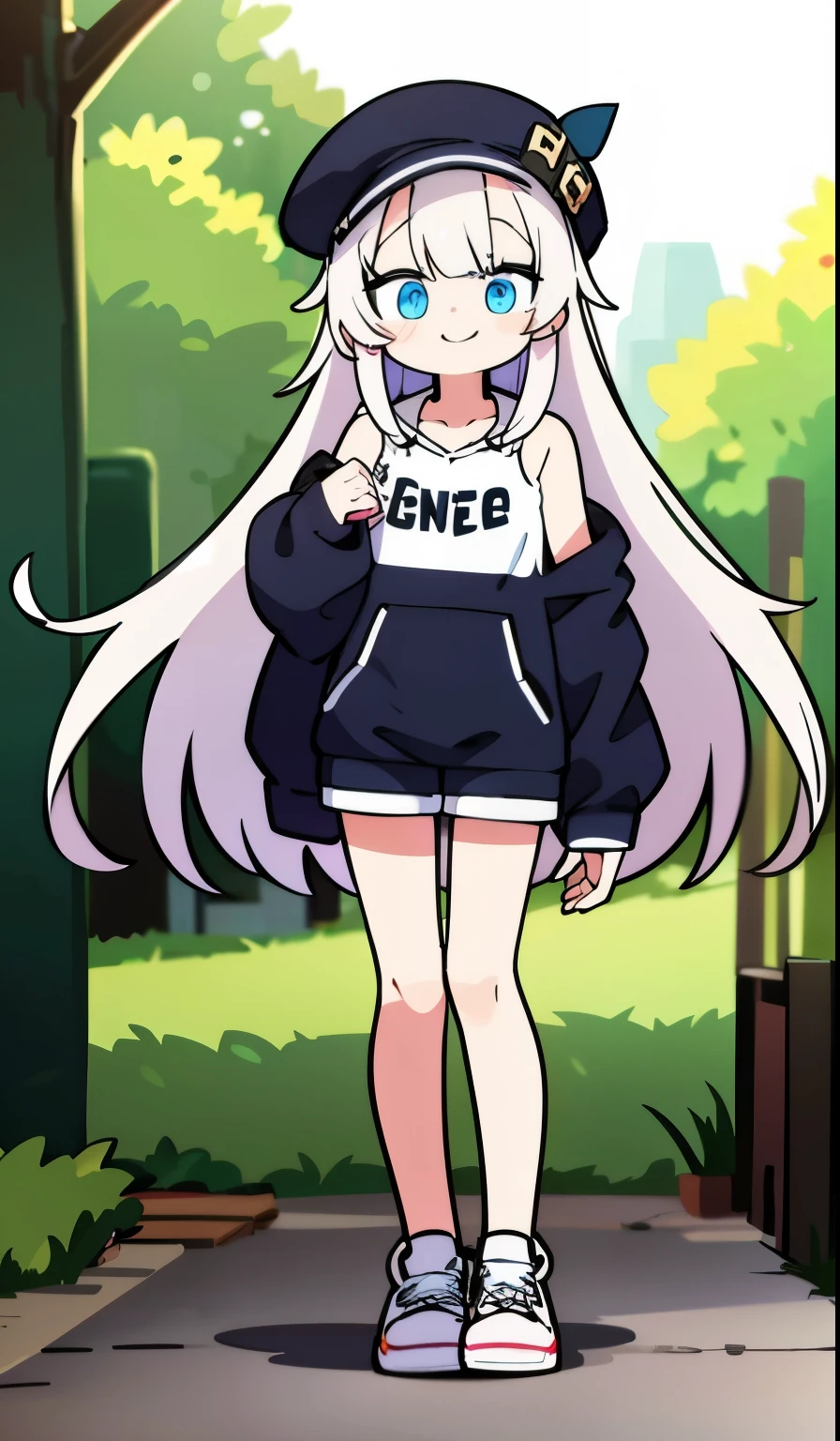 masterpiece:1.3、ultra high resolution:1.3、Beautiful woman、alone、G cup、long hair、two tone hair、beautiful silver hair、blue eyelid body image、real moist skin、cute、smile、Drop-shoulder cropped drawstring hoodie:1.3、hat、sneakers、shorts、outdoors、machine、summer、hand、chest、feet、shoes