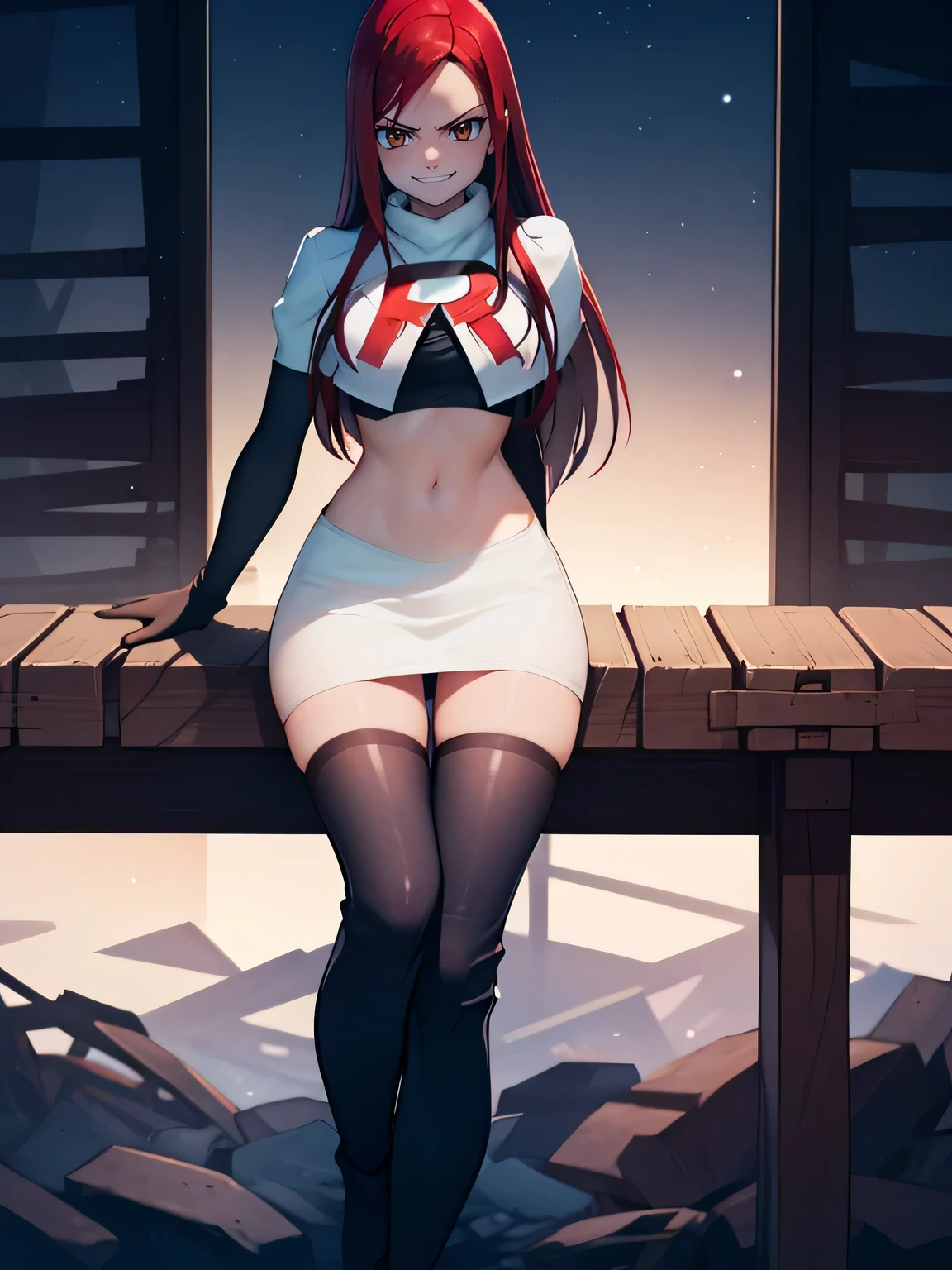 Erza Scarlet, long hair,red hair, brown eyes, ,team rocket uniform, red letter R, white skirt,white crop top,black thigh-high boots, black elbow gloves, evil smile, looking at viewer, cowboy shot, legs crossed, night sky background
