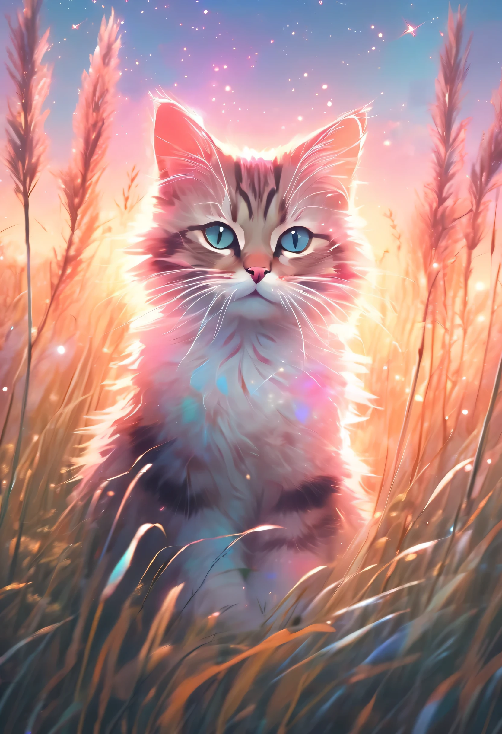 Colorful、brightly lit sky,A cat sitting in a field surrounded by tall grass, pastel painting style, Ethereal light effects, Light atmospheric woodland image,Star Art Troupe (xing xing)