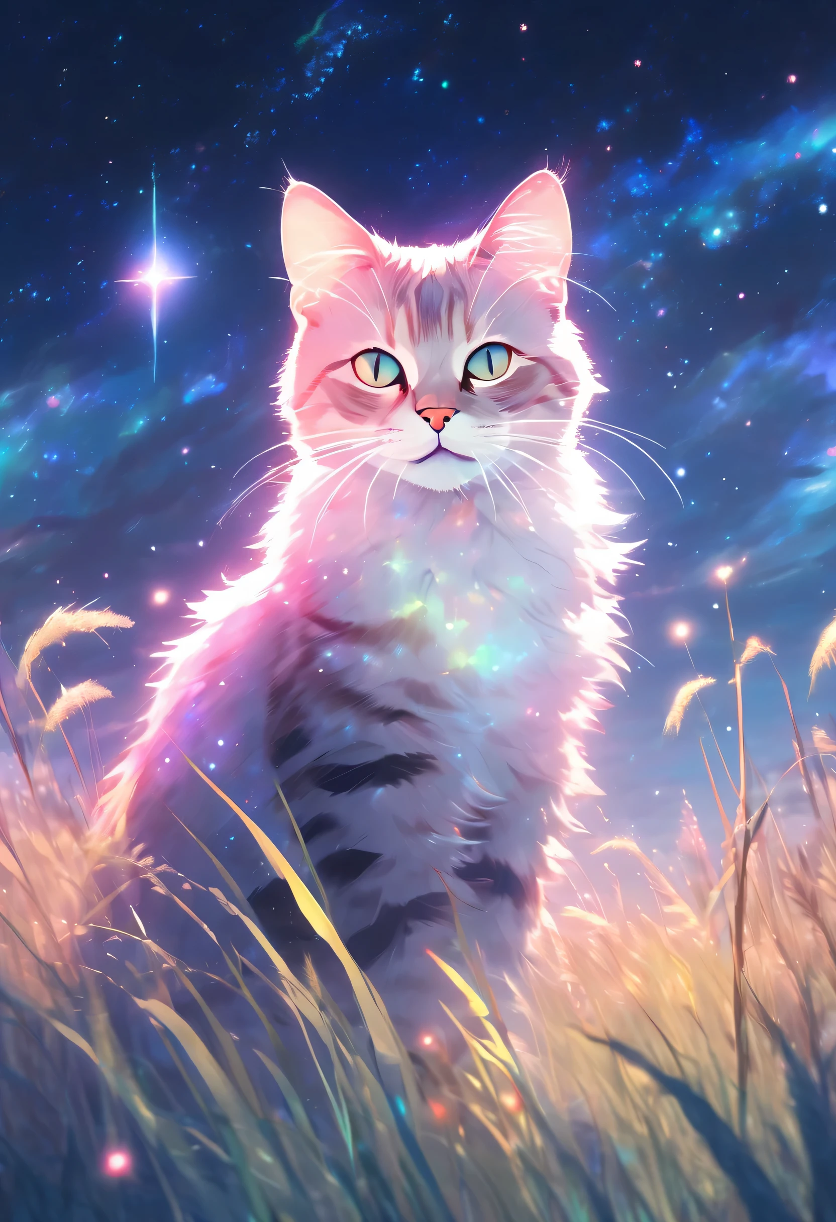 Colorful、brightly lit sky,A cat sitting in a field surrounded by tall grass, pastel painting style, Ethereal light effects, Light atmospheric woodland image,Star Art Troupe (xing xing)