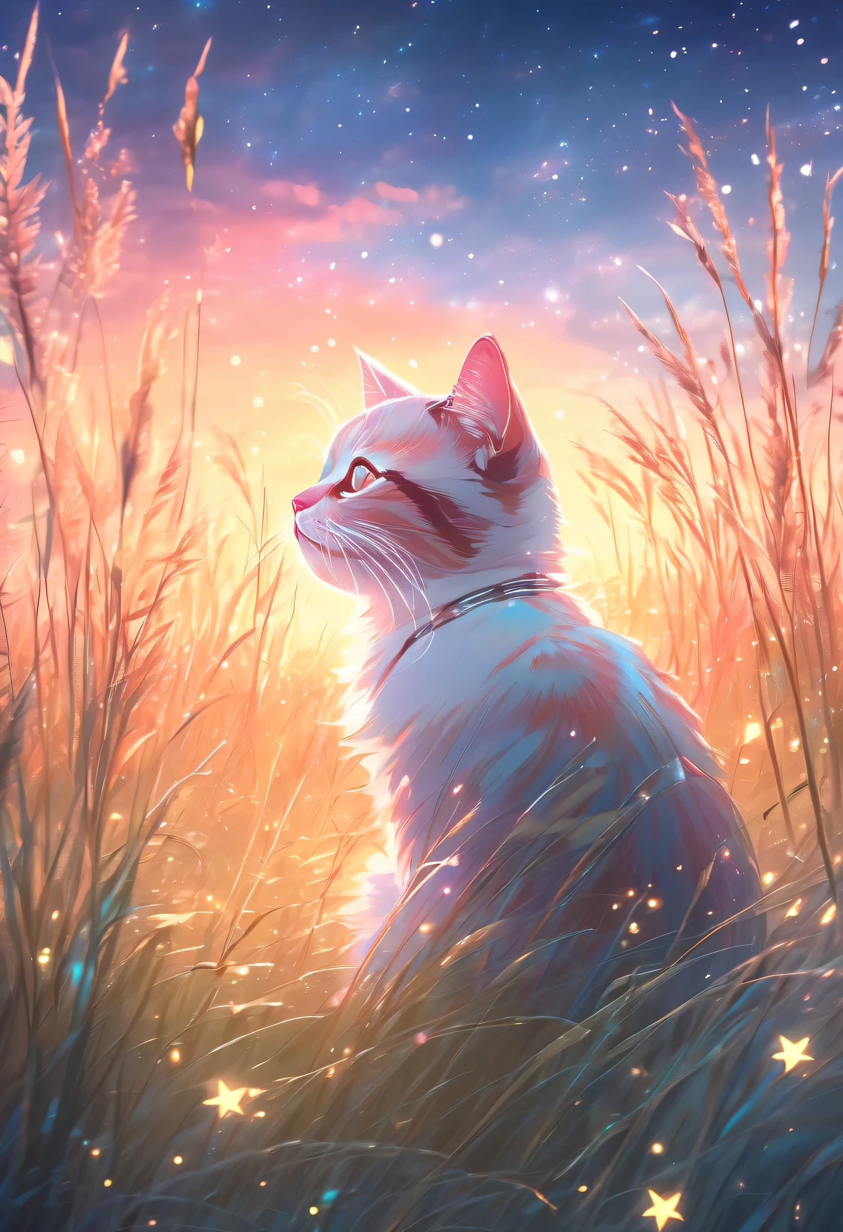 Colorful、brightly lit sky，A cat sitting in a field surrounded by tall grass, pastel painting style, Ethereal light effects, Light atmospheric woodland image,Star Art Troupe (xing xing)