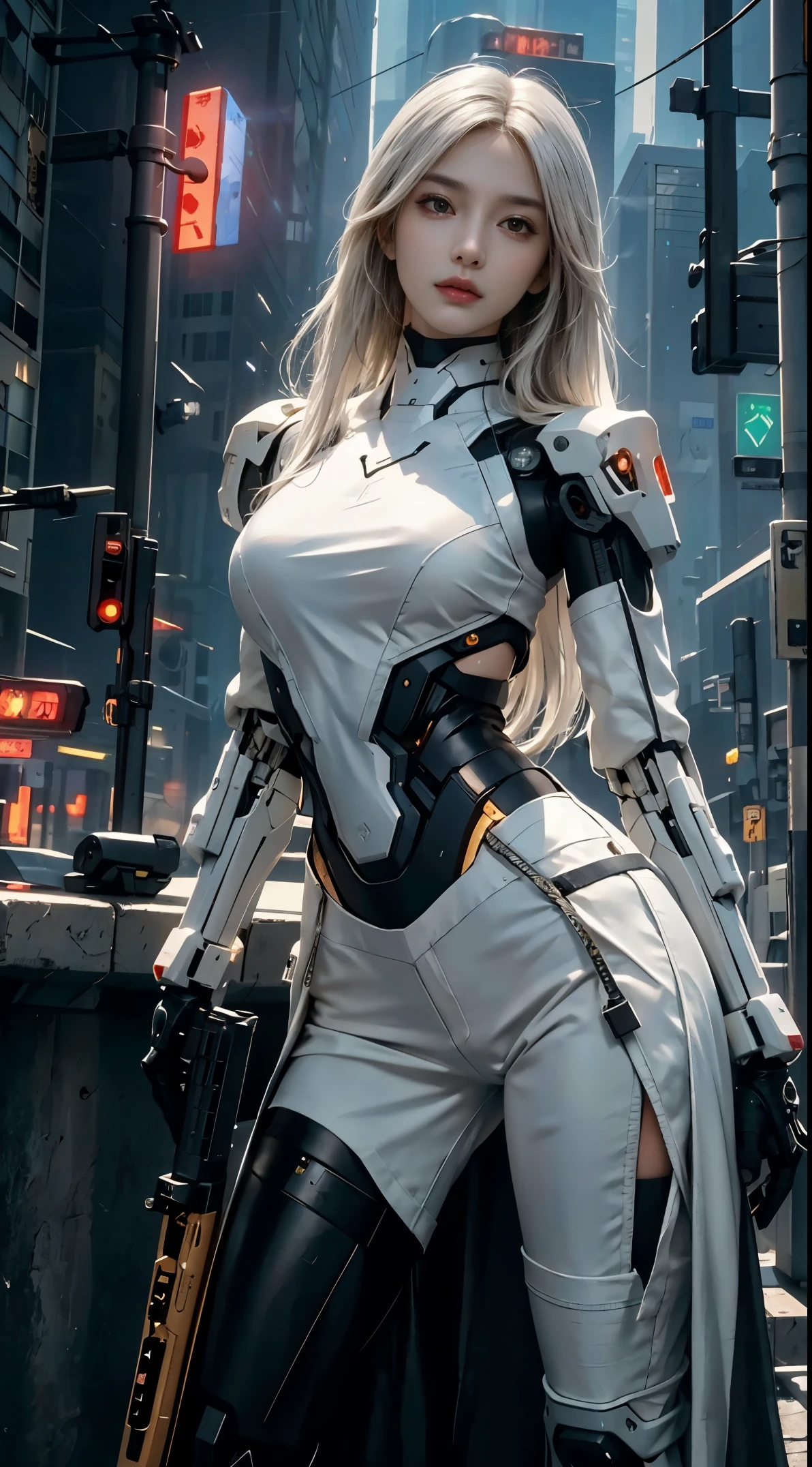 photorealistic, high resolution, soft light,1women, solo, hips up, (detailed face), white long hair, cybersamurai, cyborg at leg and arm, naked body, small breast, cyberpunk, holding weapon, glowing, gun, sniper, on the street, with mecha