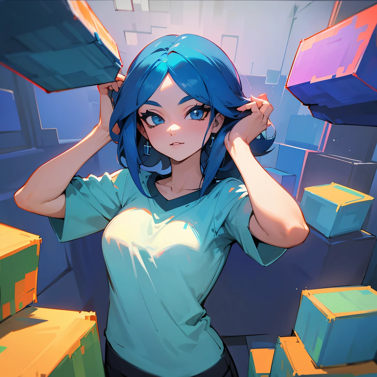 Mulher linda de cabelo curto,camisa azul, (com um bloco do Minecraft no meio) she is looking at the viewer (((melhor imagem)))