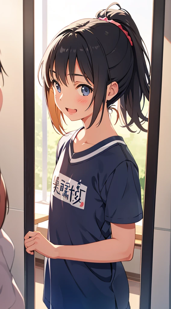 Wearing a soccer uniform with an embroidered logo、e junrl with small breasts、Sweaty and looking happy、Her nipples are visible and protruding、Lying on the bed、Low - Angle、The uniform has an embroidered logo、indoor、