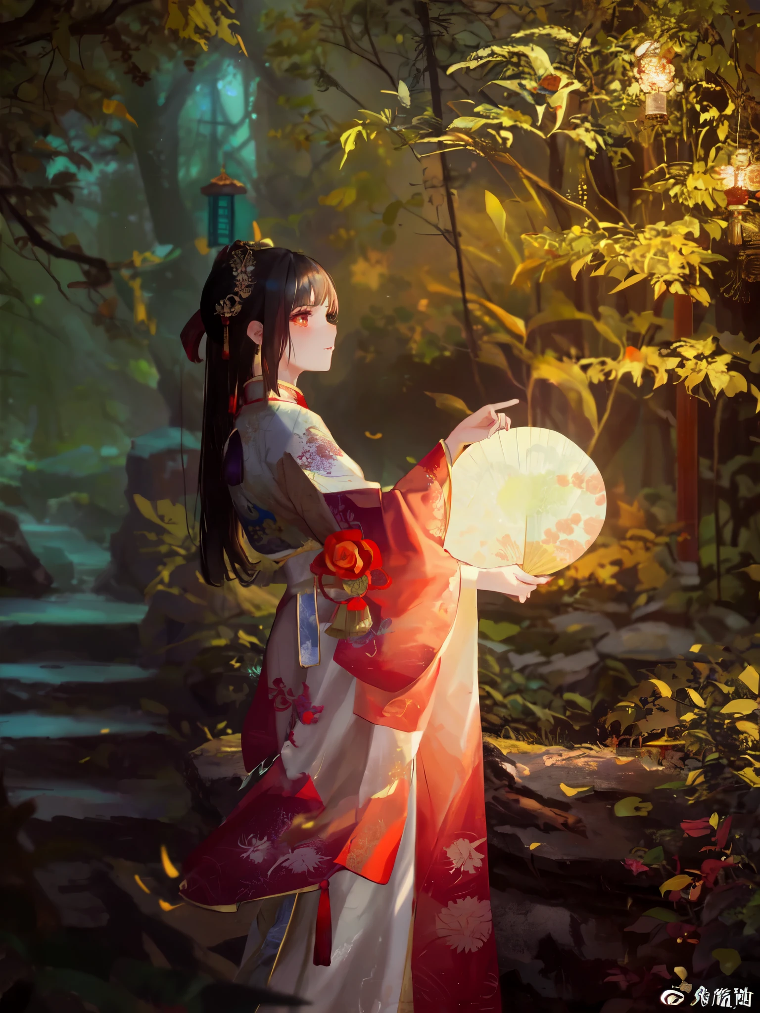 a woman in a traditional chinese dress holding a fan in a forest, palace , a girl in hanfu, chinese fantasy, oriental fantasy, hanfu, traditional chinese, chinese style, ancient chinese princess, chinese woman, girl under lantern, chinese girl, wearing ancient chinese clothes, chinese princess, fantasy gorgeous lighting, chinese costume, fantasy photography, fantasy photoshoot