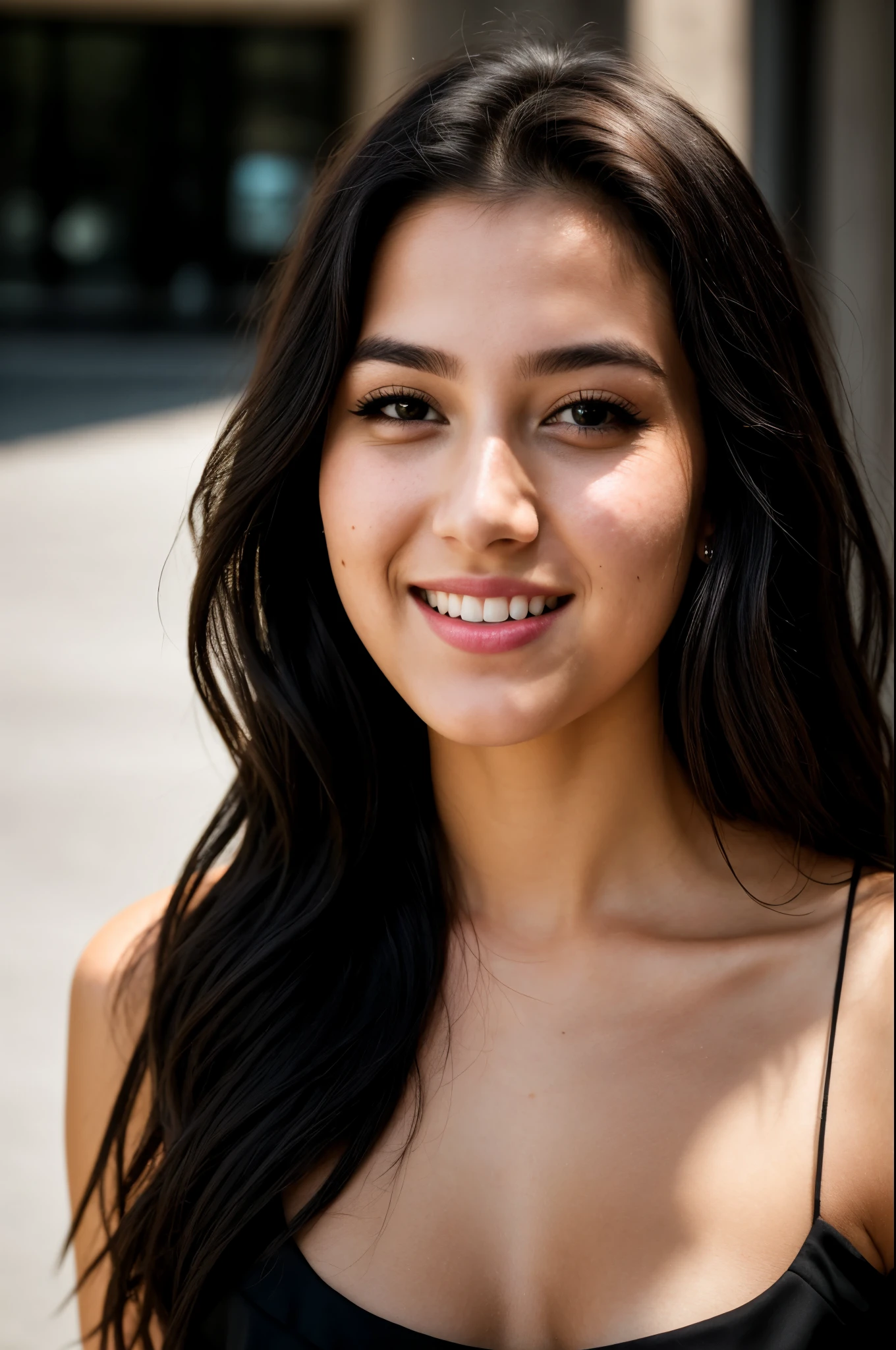 RAW photo, face portrait photo of beautiful 26 y.o woman, cute face, wearing black dress, happy face, hard shadows, cinematic shot, dramatic lighting