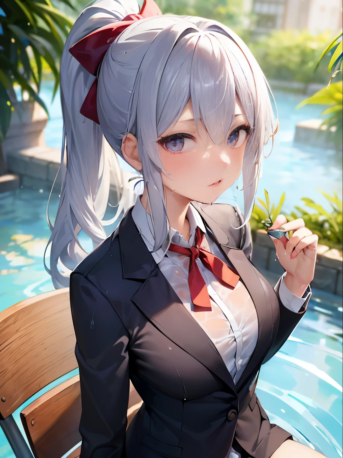 masterpiece:1.3、ultra high resolution:1.3、Beautiful woman、alone、G cup、ponytail、two tone hair、beautiful silver hair、blue eyelid body image、real moist skin、(soaking wet body:1.3)、fashion、uniform、blazer、shirt skirt、Red Ribbon、Haori、outdoors、Chair、machine、summer