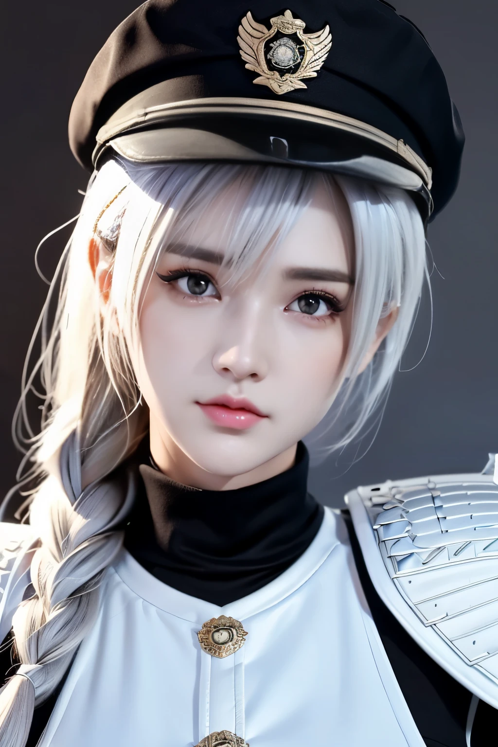Masterpiece,The best qualities,Very high resolution,8K,((Portrait)),((Head close-up)),Original photo,real photo,数码摄影, (A girl dressed in a combination of modern and technological style),(Police officer),22岁女孩,(Random hairstyles,White hair),(The pupils of the eyes are purple),(Lachrymal mole in the corner of the eye),迷人的,优雅高贵,冷静,严肃的,(Big breasts),(Modern combat clothing,Joint Armor,Police uniform,Badge,White dress,Armor,Metallic luster,Officer's cap),Pattern detail,( Special Forceemale soldier 拍照姿势,街道背景,Movie lights,Ray tracing,Game CG,((3D Unreal Engine)),oc渲染反射纹理