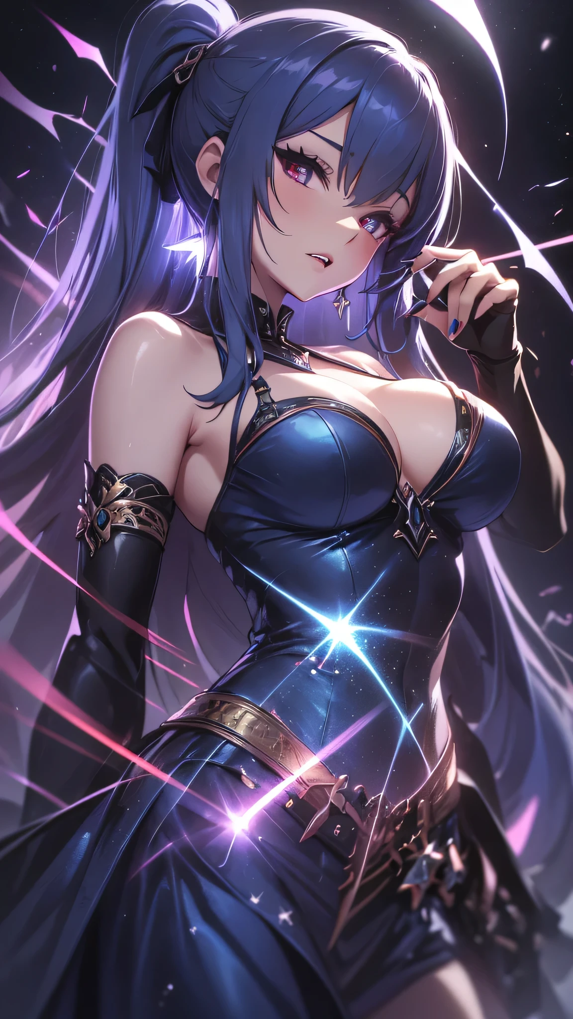 highest quality、Highest image quality、masterpiece、age girl((18-year-old、 Agar、vest bust、medium bust,wide open breast tea、red eyes, blue hair、ponytail、slender,highest valley、cute makeup、black nail polish、blue gothic lolihion、vampire teeth、black underwear、claw pose、open your mouth wide、have a guitar、blue dress)),high quality、beautiful art、background((night live house、red laser light、blue laser light、random laser points、Virtual space、golden laser beam、purple laser light)),muste piece、Depth of written boundary、movie、visual art、perfect art、
