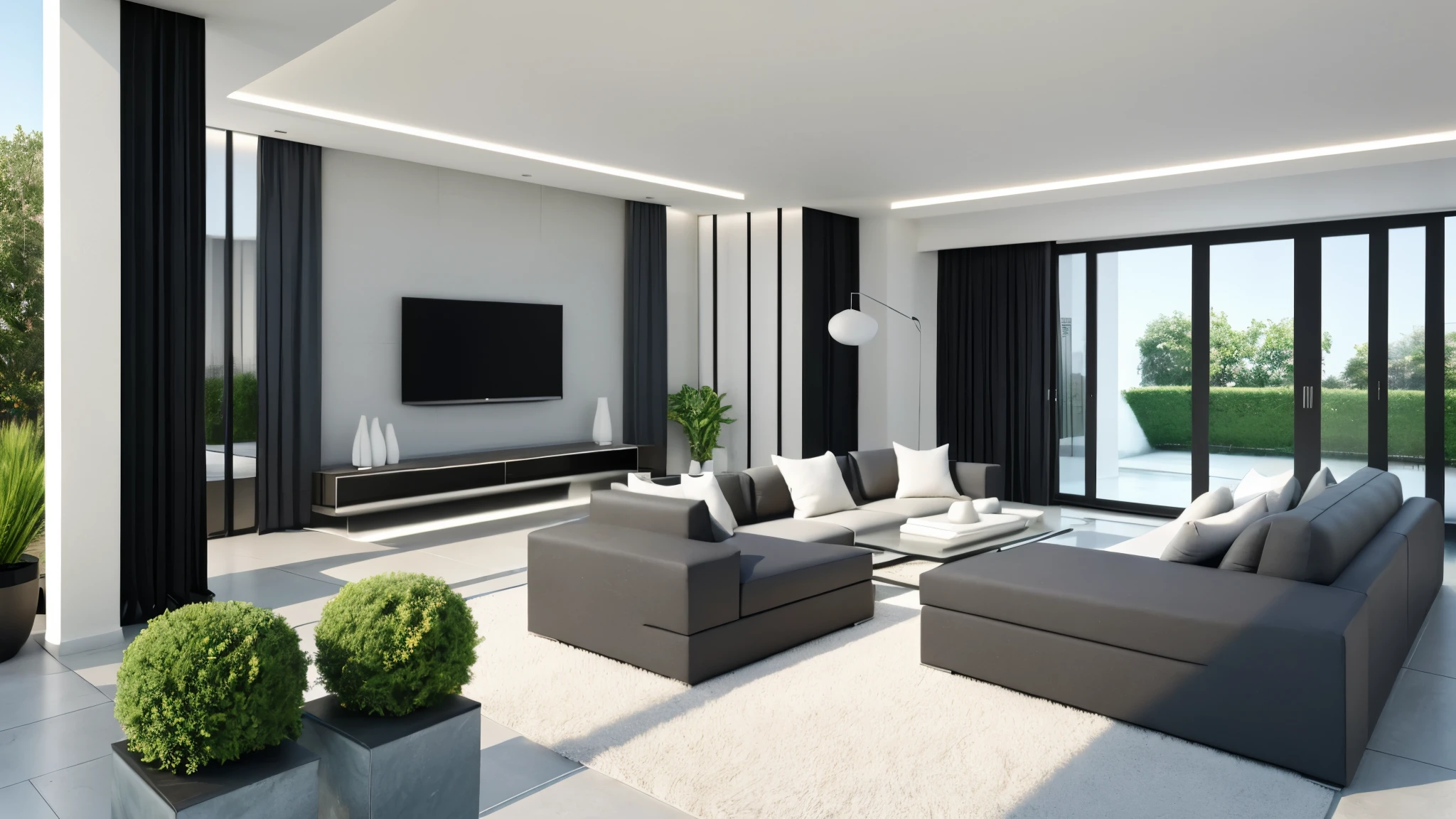 You are a famous interior designer、You have been asked to create a 3D image of a modern large room. Create a harmonious environment with modern and minimalist furniture. Including garden interior.