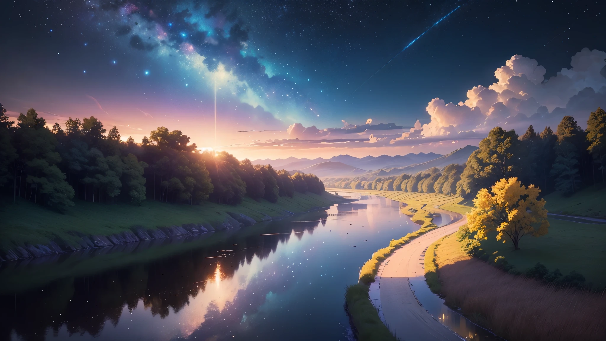 masterpiece, best quality, high detail, ((only background)) , no people, milk-river, stars rain, (anime style), realistic, (colorful sky), cinematic lighting, depth of field, glowing light, ray tracing, vignetting, ((wide shot)), masterpiece