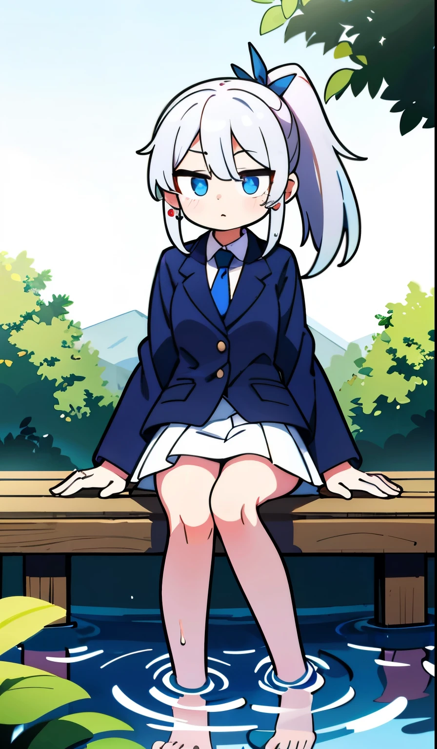 masterpiece:1.3、ultra high resolution:1.3、Beautiful woman、alone、G cup、ponytail、two tone hair、beautiful silver hair、blue eyelid body image、real moist skin、(soaking wet body:1.3)、fashion、uniform、blazer、shirt、skirt、tie、Haori、outdoors、machine、summer、hand、feet、shoes