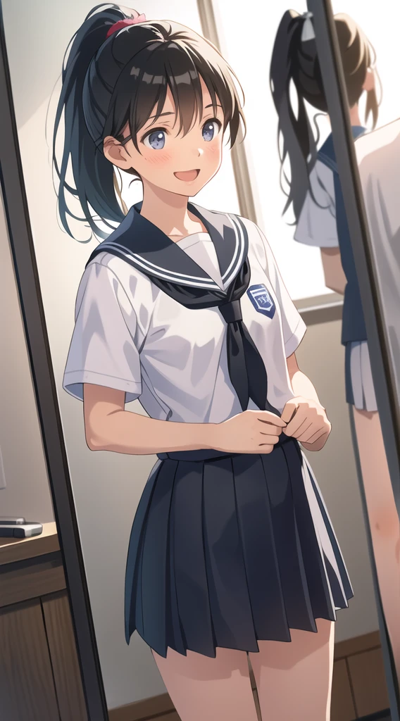 photo-realistic,,beautiful girl,uniform,Sports Department,reflection,Fine skin,laughing,small breasts,black hair,ponytail