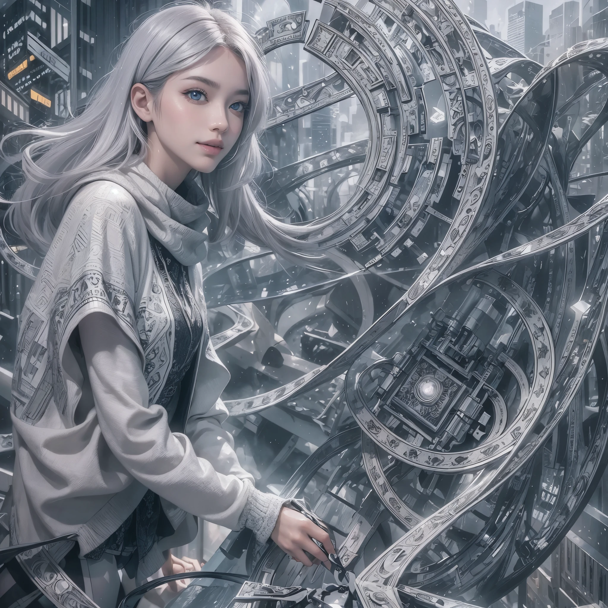 (Realistic:1.8), (Digital art:0.2), (Geometric art:1.7),(agpi official art, beautiful and aesthetic, ultra detailed, beautiful, masterpiece, best quality:1.6), (1girl:1.2), Detailed face, Detailed eyes, Detailed hair, young fingers, Detailed fingers, five fingerREAK cute ig model, Japanese cute model, 22 years old, Tightened all body, small head, small face, small mouth, diamond Face, small nose, Sharp Faceline, (dropy eyes, Double eyelid, Light color eyes, Glossy eyes, Shiny eyes:1.2), Shiny skin, shiny hair, (gray hair:1.2),
_
BREAK (happy, smile, Teeth, Glossy Lip:1.2),beautiful Teeth, (upper body:1.5), sitting, from front,
_
BACKGROUND
(gray urban cityscape with soft lights:1.3)BREAK

POSE
(standing gracefully with arms slightly extended:1.2)BREAK

CAMERA ANGLE
(angled slightly from above, capturing the flowing lines of the poncho:1.2)BREAK

OUTFIT
(fusion of black and white poncho with intricate geometric patterns:1.2), (black skinny jeans:1.1), (ankle boots with subtle pattern details:1.1), (minimalistic silver accessories:1.1)BREAK