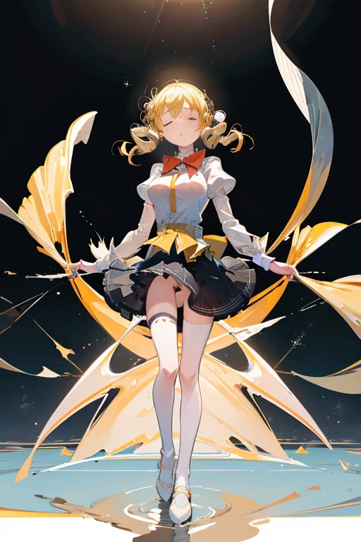 1 girl, portrait, solo, perfect anatomy, standing, spread arms, char_tomoe_mami_128dim, masterpiece, best quality, highres, big breast, closed eyes, :o, (fluttering skirt, white panties:1.1), double exposure, sacred, glitter, torn clothes