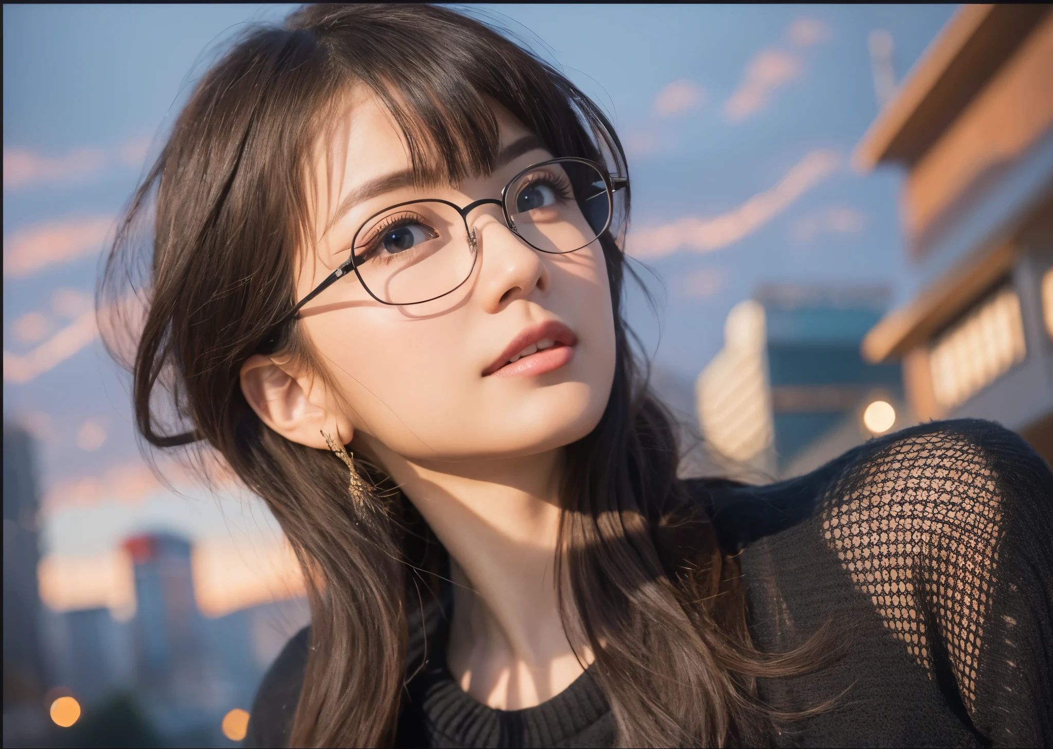 (muste piece), sexy、natural light, It&#39;s photorealistic, camel toe, diffused light, Depth of the bounds written, professional lighting、Big eyes、glasses。Calling、Black sweater、The background is the library、