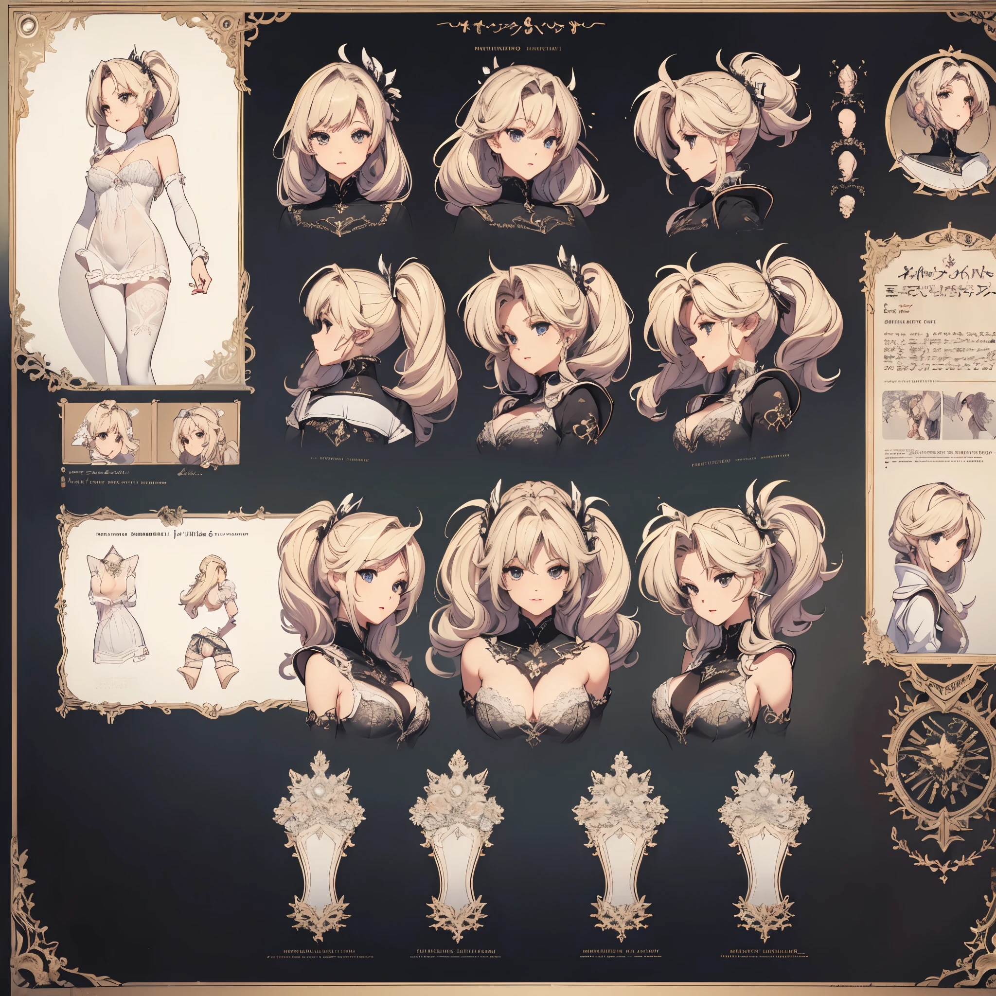 ((masterpiece, Highest quality)), Detailed face, CharacterDesignSheet， whole body, Full of details, Multiple poses and expressions, Highly detailed, Depth, Many parts，maidennurse，white and black，double ponytail，estilo fantasia，Surrounded by flametremely beautiful，High Balance, Natural light, lace，pantyhose