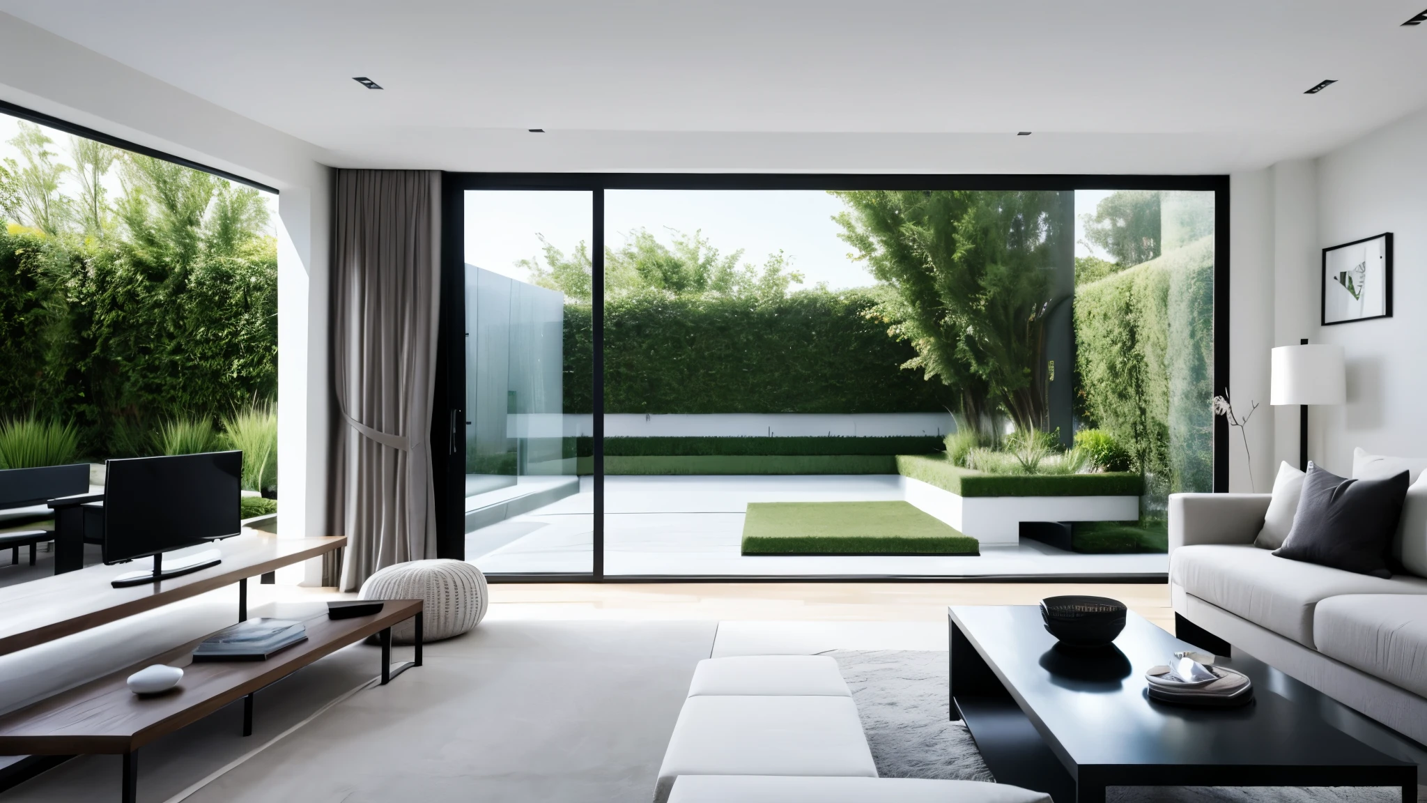 You are a famous interior designer、You have been asked to create a 3D image of a modern large room. Create a harmonious environment with modern and minimalist furniture. Including garden interior.