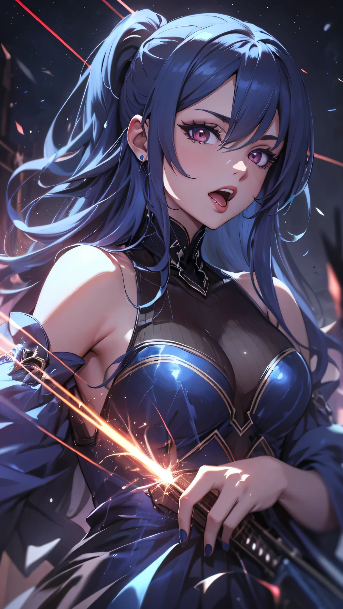 highest quality、Highest image quality、masterpiece、teenage girl((18-year-old、 Agar、vest bust、medium bust,wide open breast tea、red eyes, blue hair、ponytail、slender,highest valley、cute makeup、black nail polish、blue gothic loli fashion、vampire teeth、black underwear、claw pose、open your mouth wide、have a guitar、blue dress)),high quality、beautiful art、background((night live house、red laser light、blue laser light、random laser points、Virtual space、golden laser beam、purple laser light)),muste piece、Depth of written boundary、movie、visual art、perfect art、