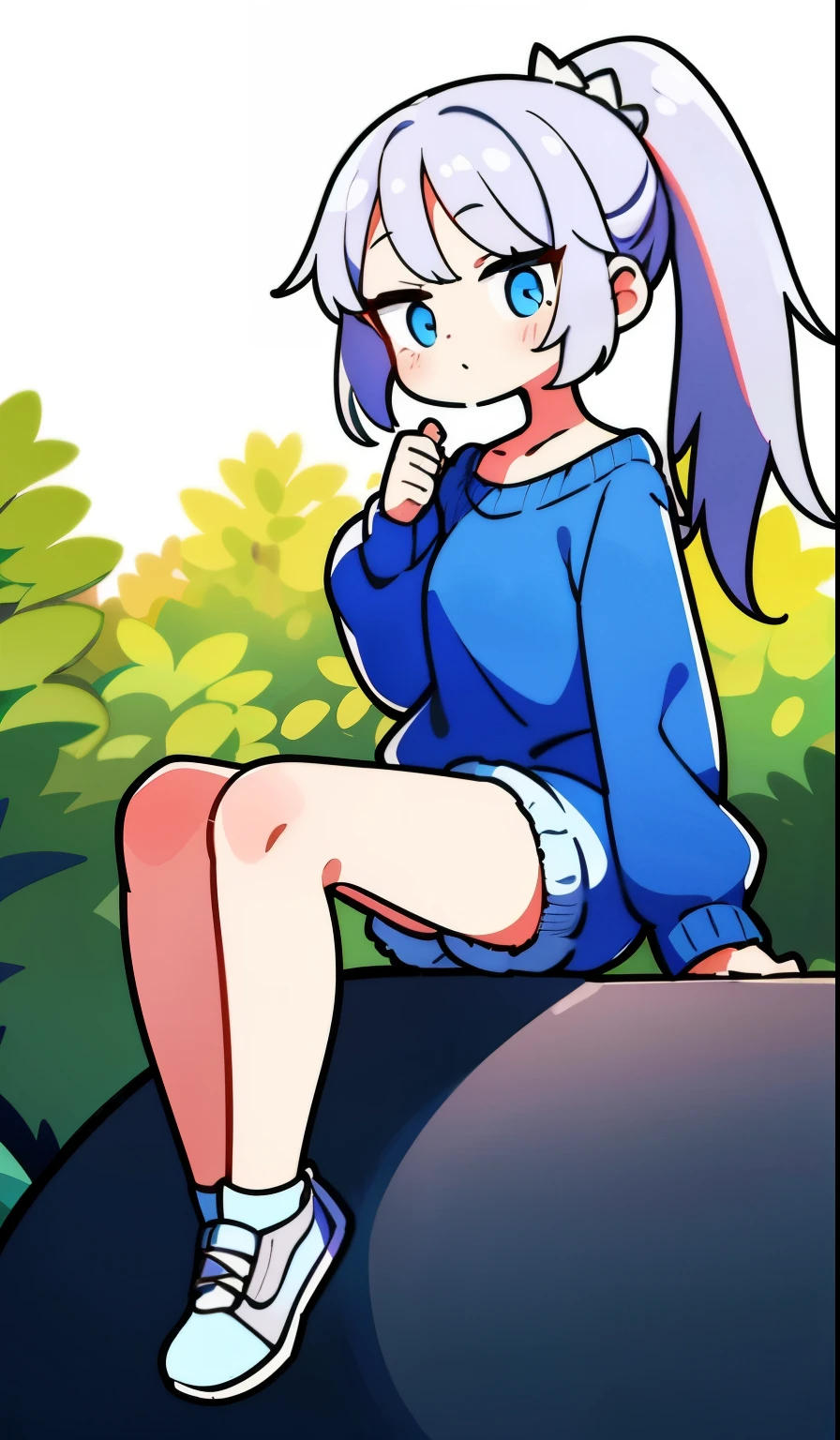 masterpiece:1.3、ultra high resolution:1.3、Beautiful woman、alone、G cup、ponytail、two tone hair、beautiful silver hair、blue eyelid body image、real moist skin、cute、fashion、fluffy knit sweater:1.3、outdoors、machine、summer、hand、feet、shoes